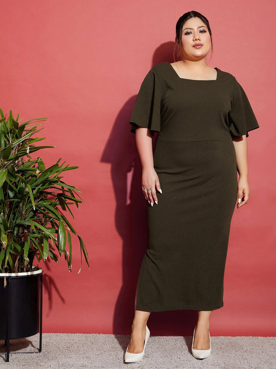 Women Olive Butterfly Sleeve Bodycon Ankle Dress