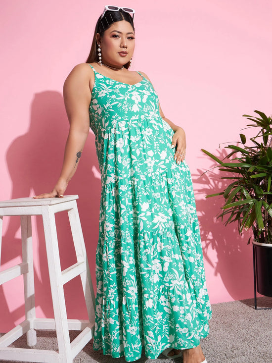 Women Green & White Floral Rayon Tiered Maxi Dress