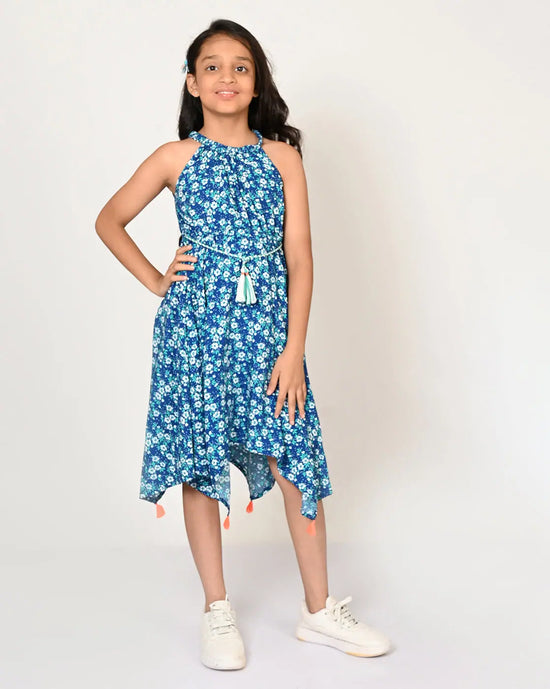 Sassy Boho Girls Blue Hanky hem Dress from the sibling collection-CCW-DRS-1121NY-10Y