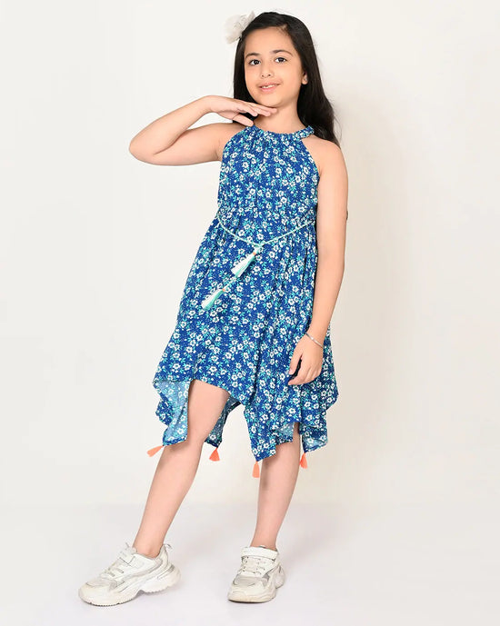 Sassy Boho Girls Blue Hanky hem Dress from the sibling collection-CCW-DRS-1121NK-6Y