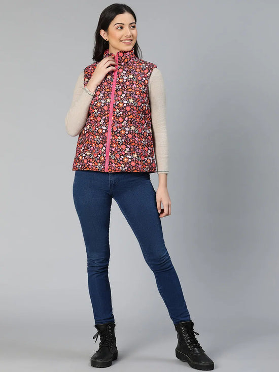 Women Printed Standard Multicolor Round Neck Sleeveless Jacket