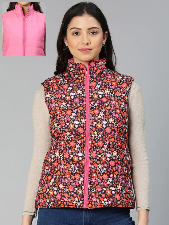 Women Printed Standard Multicolor Round Neck Sleeveless Jacket