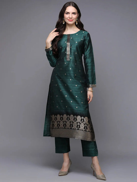 Silk Blend Green Jacquard Straight Kurta With Trouser