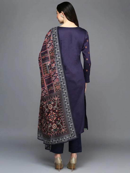 Cotton Navy Blue Embroidered Straight Kurta Pant With Dupatta