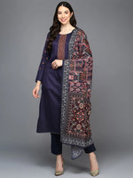 Cotton Navy Blue Embroidered Straight Kurta Pant With Dupatta