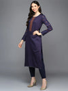 Cotton Navy Blue Embroidered Straight Kurta Pant With Dupatta