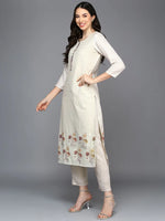 Cotton Blend Cream Schiffli Straight Kurta Pant With Dupatta