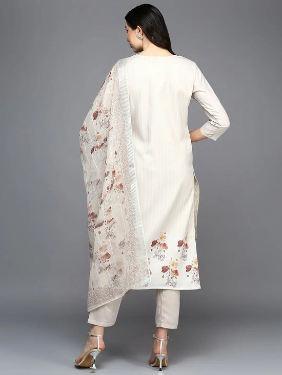 Cotton Blend Cream Schiffli Straight Kurta Pant With Dupatta