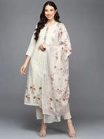 Cotton Blend Cream Schiffli Straight Kurta Pant With Dupatta