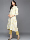 Cotton Blend White Floral Printed Flared Kurta