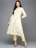 Cotton Blend White Floral Printed Flared Kurta