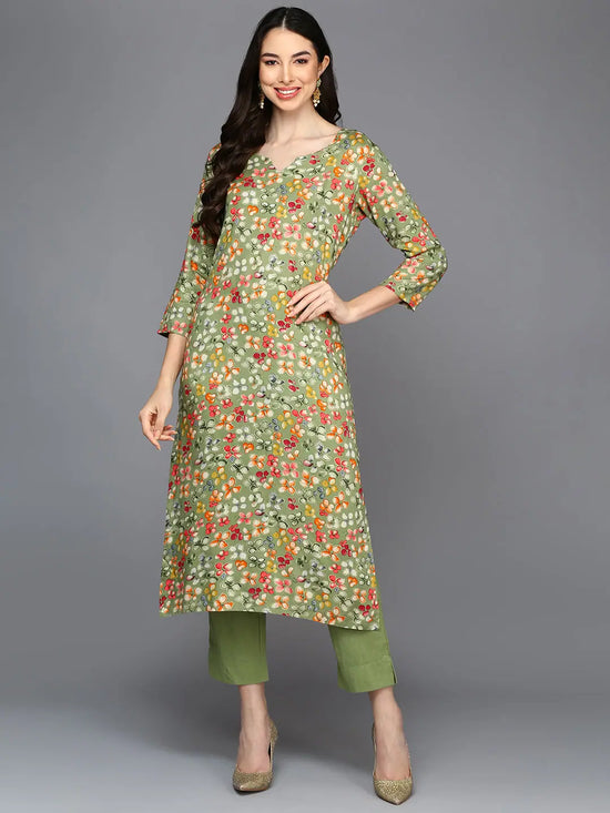 Viscose Rayon Green Ethnic Printed Straight Kurta