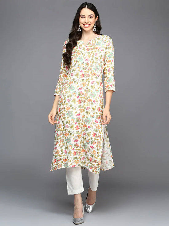 Viscose Rayon White Floral Printed Straight Kurta-VCK9412_XS