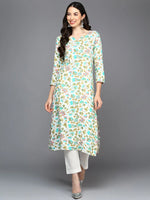 Viscose Rayon Off White Floral Printed Straight Kurta