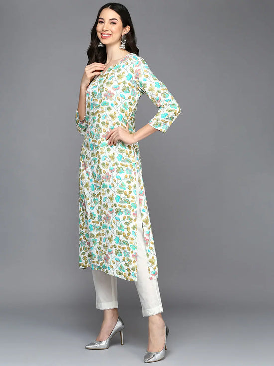 Viscose Rayon Off White Floral Printed Straight Kurta