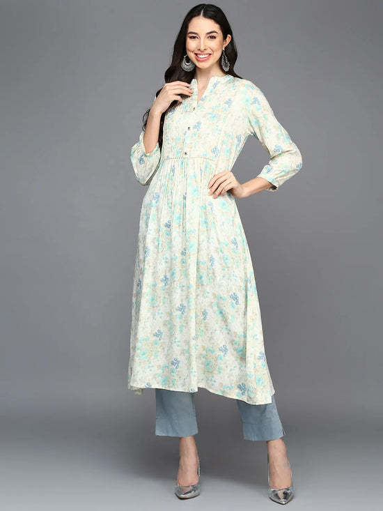 Cotton Blend Off White Floral Printed Flared Kurta-VCK9418_XS