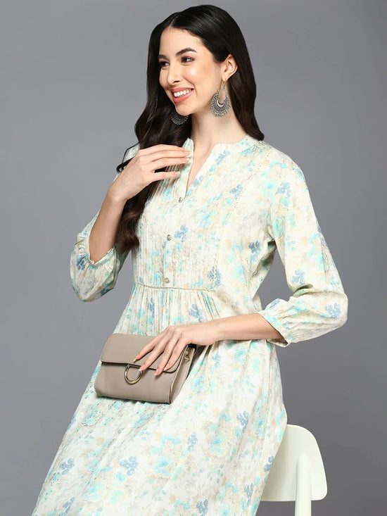 Cotton Blend Off White Floral Printed Flared Kurta-VCK9418_XS