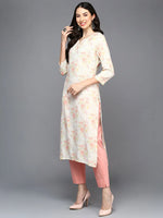 Cotton Blend Off White Floral Printed Straight Kurta