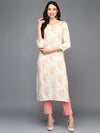 Cotton Blend Off White Floral Printed Straight Kurta