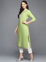 Viscose Rayon Green Embroidered Kurta