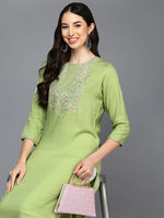 Viscose Rayon Green Embroidered Kurta