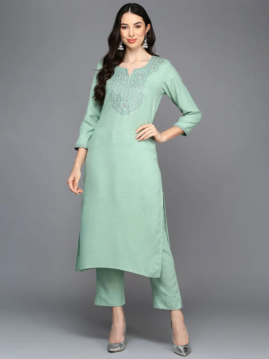 Silk Blend Green Embroidered Straight Kurta-VCK9427_XS