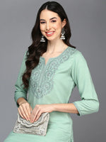 Silk Blend Green Embroidered Straight Kurta-VCK9427_XS