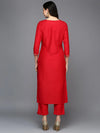 Poly Silk Red Embroidered Straight Kurta