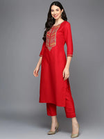 Poly Silk Red Embroidered Straight Kurta