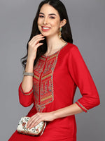 Poly Silk Red Embroidered Straight Kurta