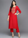 Poly Silk Red Embroidered Straight Kurta