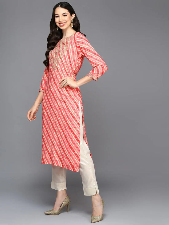 Viscose Rayon Peach Leheriya Printed Straight Kurta