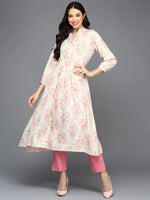 Cotton Blend Off White Floral Printed Flared Kurta-VCK9420_XS