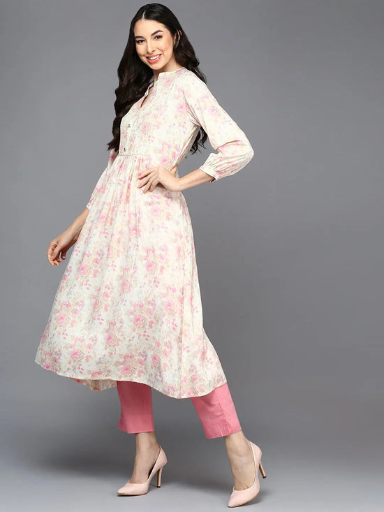 Cotton Blend Off White Floral Printed Flared Kurta-VCK9420_XS