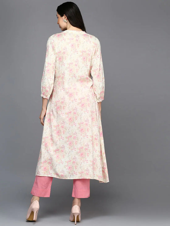 Cotton Blend Off White Floral Printed Flared Kurta-VCK9420_XS