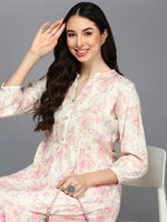 Cotton Blend Off White Floral Printed Flared Kurta-VCK9420_XS