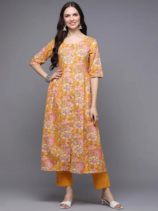 Cotton Yellow Floral Printed Flared