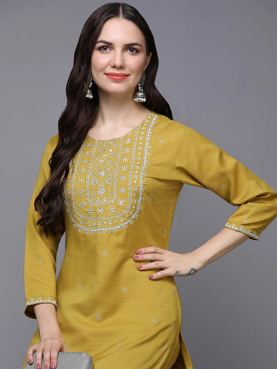 Silk Blend Yellow Embroidered Straight-VCK9459_XS