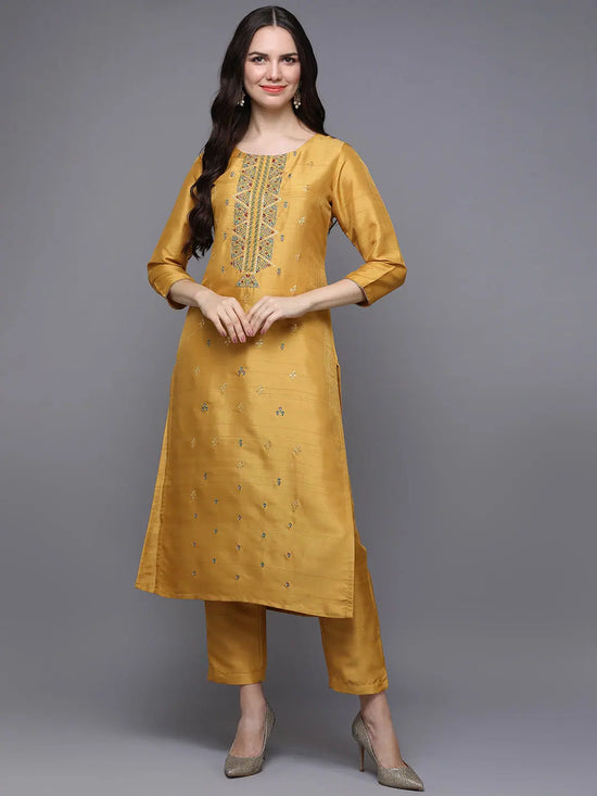 Silk Blend Yellow Embroidered Straight-VCK9484_XS