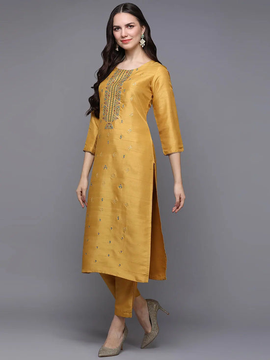 Silk Blend Yellow Embroidered Straight-VCK9484_XS