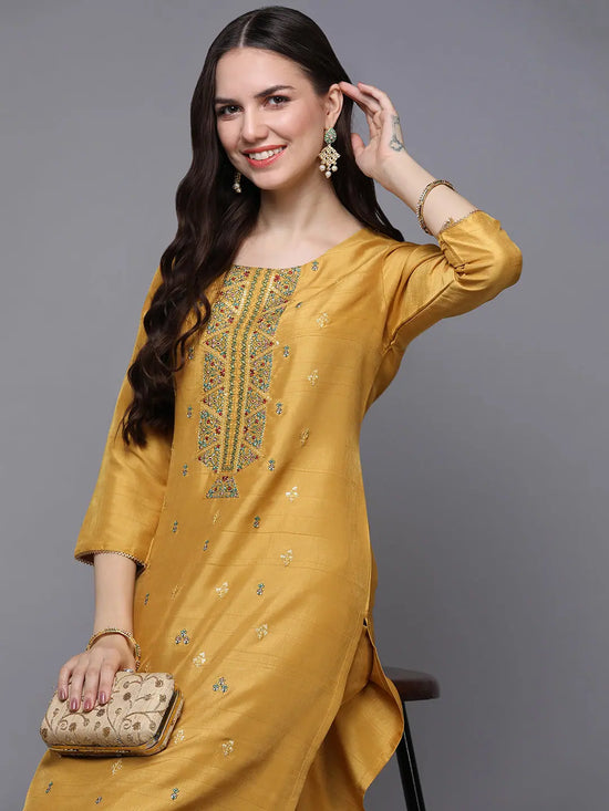 Silk Blend Yellow Embroidered Straight-VCK9484_XS