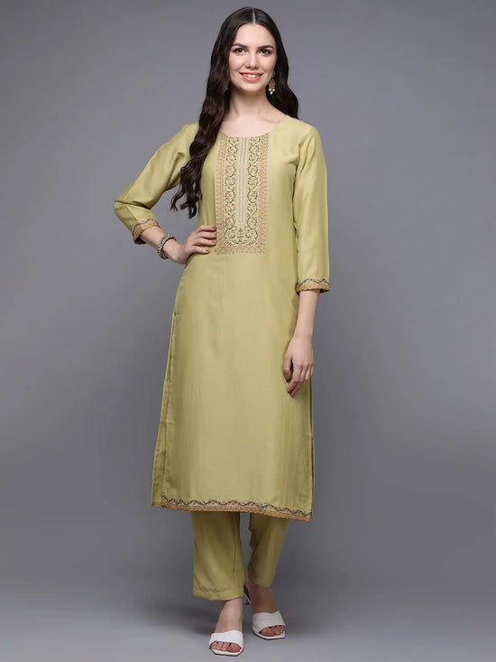 Silk Blend Green Embroidered Straight-VCK9485_XS