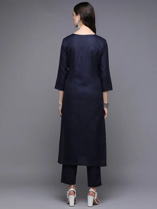 Silk Blend Navy Blue Embroidered