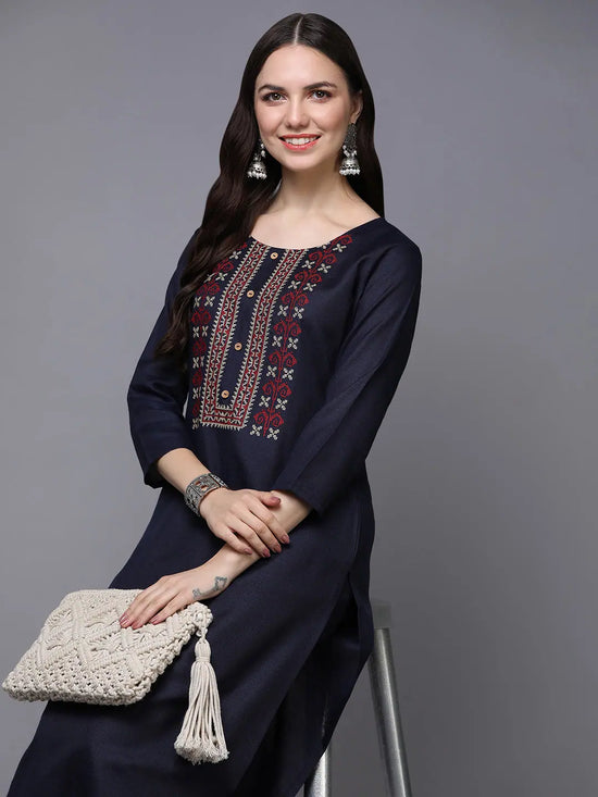 Silk Blend Navy Blue Embroidered