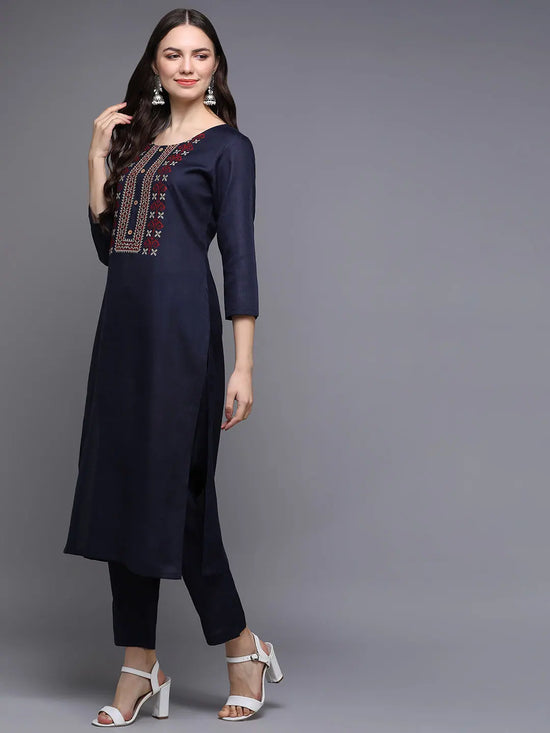 Silk Blend Navy Blue Embroidered