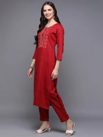 Silk Blend Red Embroidered Straight-VCK9479_XS