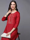 Silk Blend Red Embroidered Straight-VCK9479_XS