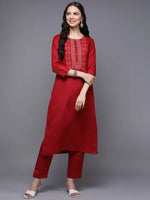 Silk Blend Red Embroidered Straight-VCK9479_XS