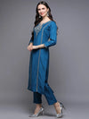 Silk Blend Blue Embroidered Straight