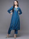 Silk Blend Blue Embroidered Straight